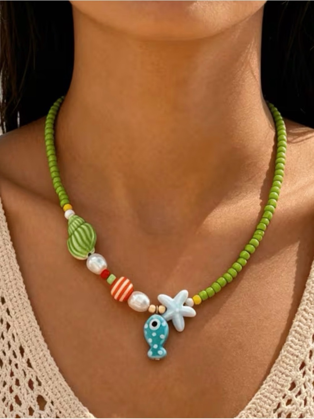 Green Beaded Necklace with Ocean Charms